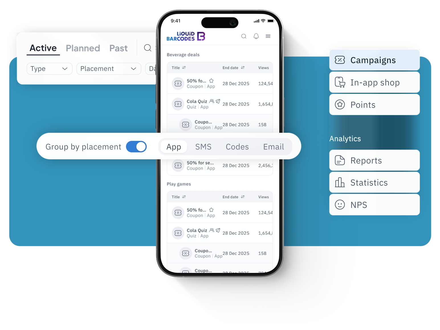 Filter by active, planned and past campaigns. Group by placement and channel.